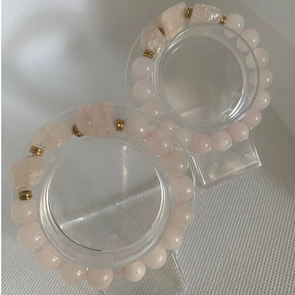 Vintage Rose Quartz Bracelet Set Stretch Elastic Pink Stone Beads Boho Luxe Glam - Picture 3 of 16